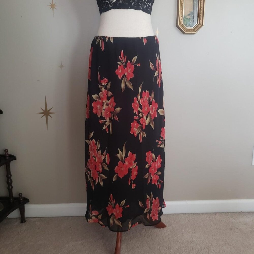 Unbranded Floral Mesh Midi Skirt Large / Vtg 14 Black / Red